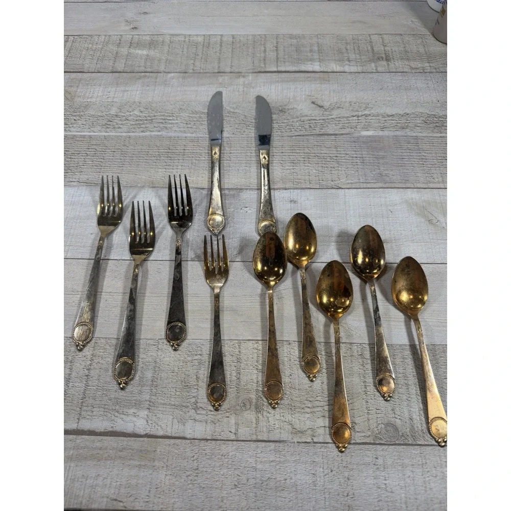 Vintage IBW Japan Gold Plated Stainless Flatware 11 Pc Medallion Pattern